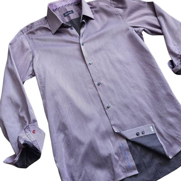 Robert Graham Shirt Mens Large 42, 16.5 Button Front Striped Cuff Print Luxury C - Picture 1 of 5